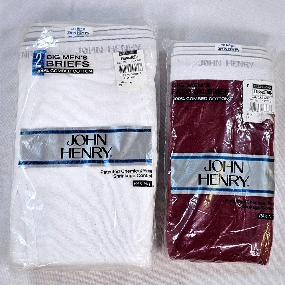 John Henry Big Mens Briefs 2X 46-48 White Burgundy Cotton 3pk Vintage Canada